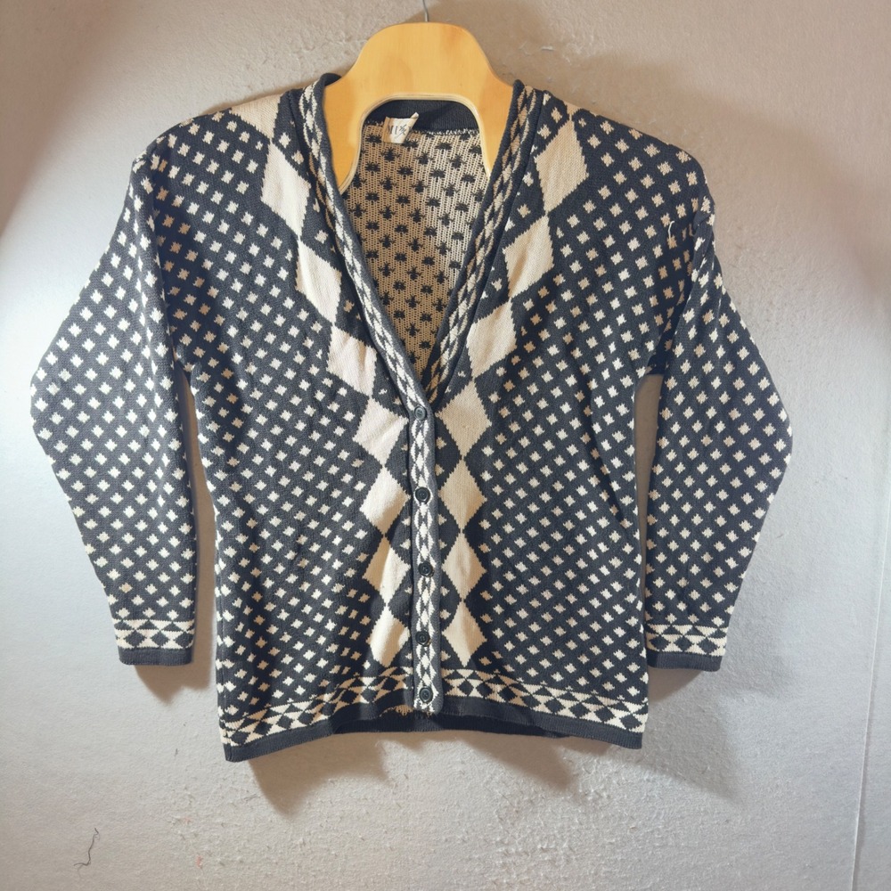 1362‎ | Vintage Academia Geometric Diamond Cotton Knit Cardigan USA Black L